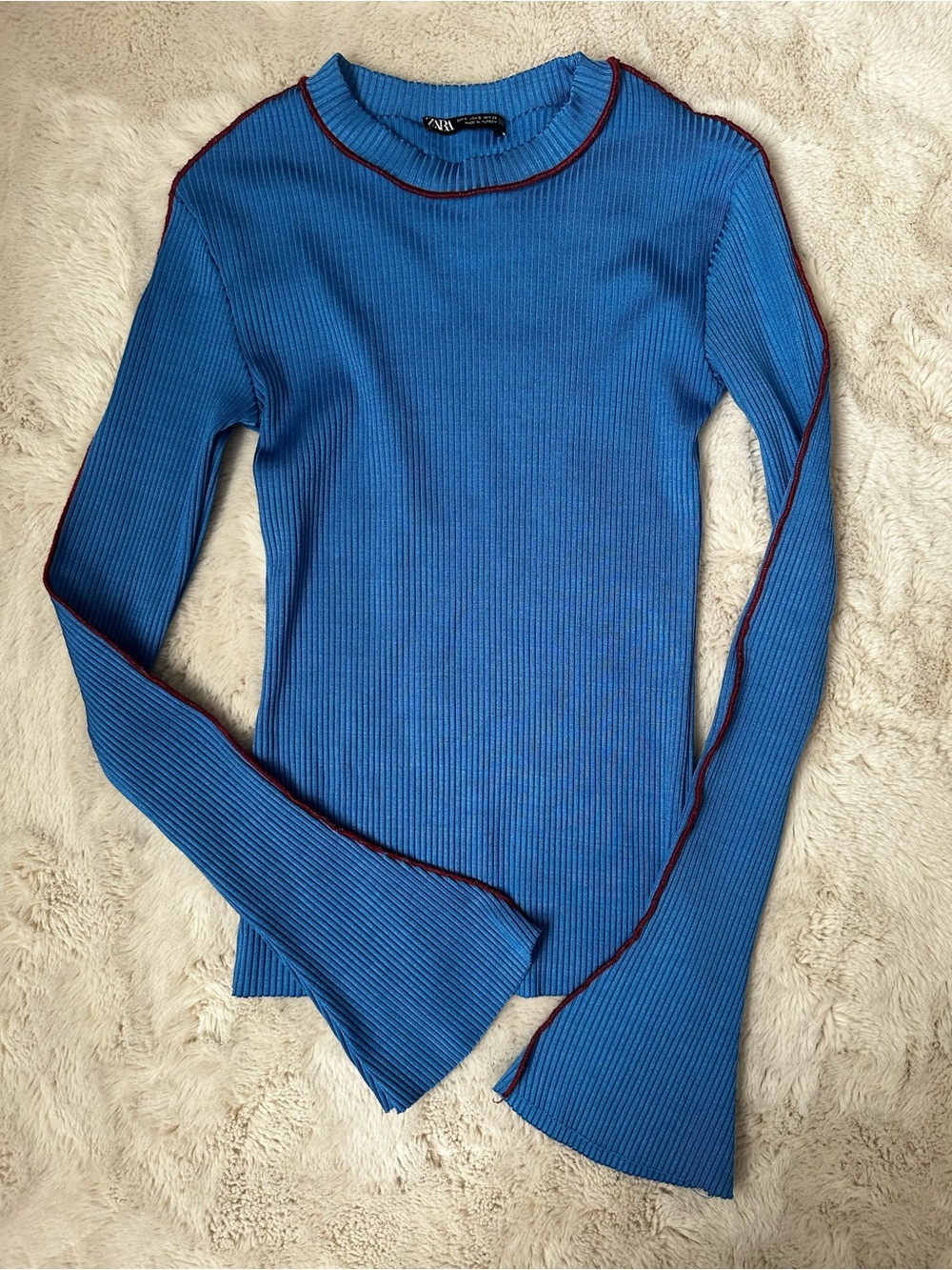 Zara Bright Blue Ribbed Crewneck Sweater with Red Seam Detail